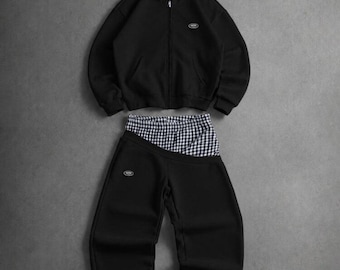 Schwarzes Set aus Kapuzenpullover und Jogginghose mit Reißverschluss, karierter, gefütterter Cropped-Kapuzenpullover, lockerer Trainingsanzug, zweiteiliger Y2K-Streetwear-Stil, Unisex