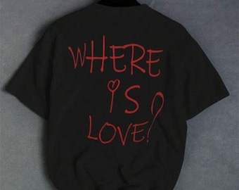 „Where Is Love“-T-Shirt, Schwarz, Rotes T-Shirt mit handgeschriebenem Herzprint, Oversized-Grafikprint auf dem Rücken, Ästhetisches Streetwear-Shirt, Unisex