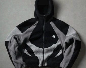Black and Gray Panel Zip Hoodie, Moto Racing Style Hooded Jacket, Drawstring Hem Zip Up, Y2K Streetwear Jacket, Unisex