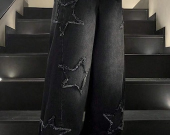 Schwarze Baggy-Jeans mit Sternenmuster, Used-Look-Jeans mit weitem Bein, Grunge-Jeans im Y2K-Skater-Stil, Unisex
