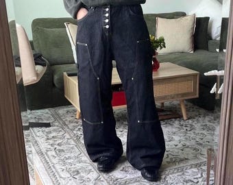 Dark Denim Carpenter Jeans, Baggy Workwear Jeans with Button Details, Wide Leg Raw Indigo Denim, Streetwear, Unisex