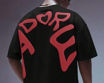 Adore U T-Shirt, Schwarz, Roter Puff-Print, Herzmotiv auf dem Rücken, Oversized Love Tee, Ästhetisches Streetwear-Shirt, Unisex
