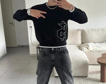Kaufen Sie den Happiness Strickpullover, schwarzen Pullover mit gotischem Buchstabenmuster und Dollarzeichen, Oversize-Pullover aus grob gestricktem Strick, Y2K Streetwear