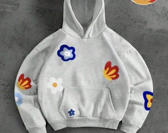 Grauer Hoodie mit Blumenapplikationen, bunte, handgestickte Blumen, Oversize-Hoodie, ästhetisches Streetwear-Sweatshirt im Y2K-Stil