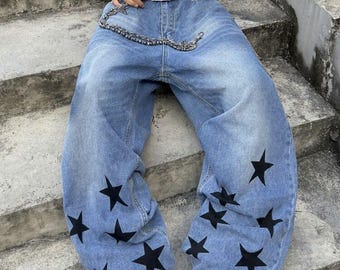 Baggy-Jeans mit Sternenprint, hellblau, weite Jeans mit schwarzen Sternen, helle Waschung im Y2K-Stil, Skater-Streetwear-Hose, Unisex