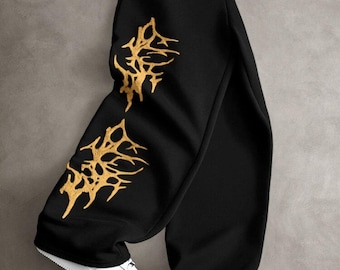 Schwarze Jogginghose mit Stachelflammenstickerei, goldene Gothic-Jogginghose mit weitem Bein, lässige Y2K-Trainingshose, Streetwear, Unisex