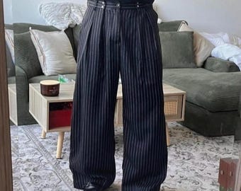 Marineblauwe krijtstreepbroek, geplooide broek met wijde pijpen, baggy getailleerde gestreepte broek, vintage streetwear broek, unisex