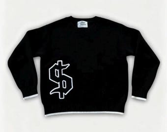 Schwarzer Strickpullover mit gotischem Schriftzug und Dollarzeichen, Oversize-Jacquardpullover, Y2K-Streetwear
