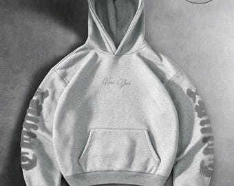 Grauer Hoodie mit Schriftzug auf den Ärmeln, Frotteestickerei, Oversize-Hoodie aus schwerem Material, minimalistisches Streetwear-Sweatshirt