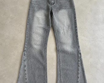 Light Gray Washed Jeans, Raw Hem Straight Leg Denim, Vintage Acid Wash Baggy Jeans, Y2K Streetwear, Unisex
