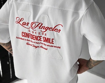 Besticktes Hemd- und Shorts-Set „Los Angeles“, weiß, rote Schriftzugstickerei auf dem Rücken, kurzärmeliges Hemd mit Knopfleiste, zweiteilig
