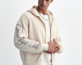 Style Club Kapuzenjacke mit Reißverschluss, beige, mit gestickten Ärmeln, Oversize-Schnitt, cremefarben, Unisex-Streetwear-Stil, Kapuzenjacke im minimalistischen Streetwear-Look