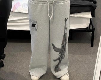 Gray Graphic Sweatpants, Wide Leg Joggers with Bold Leg Print, Baggy Heather Gray Track Pants, Y2K Streetwear, Unisex