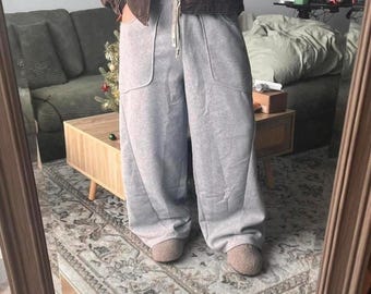Pantalones deportivos grises de pierna ancha, joggers holgados gris jaspeado, pantalones de descanso de corte recto relajado, pantalones deportivos estilo streetwear Y2K, unisex