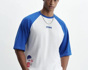 Raglan-T-Shirt, weiß und blau, Oversized-Schnitt mit Kontrastärmeln, sportliches Retro-Baseball-Shirt, minimalistisches Streetwear-Shirt, Unisex