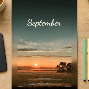 May include: A rectangular notebook cover featuring a sunrise landscape over a field with trees. The text reads September, a month of new notebooks, This journal belongs to, and A word for this month. The design includes a dark green top gradient.