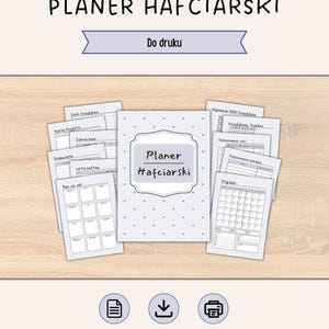 Może przedstawiać: Zestaw do druku planera hafciarskiego zawierający stronę tytułową w kropki z napisem Planer Hafciarski, otoczoną różnymi arkuszami do śledzenia postępów, kartami projektów i kalendarzami miesięcznymi o przejrzystym układzie.