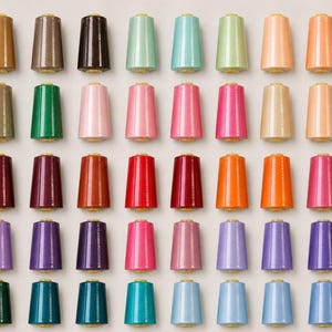 Puede incluir: Una colección de cuarenta y cinco carretes cónicos de hilo de coser dispuestos en una cuadrícula. Los carretes presentan una gran variedad de colores sólidos, incluyendo tonos marrones, verdes, rosas, rojos, naranjas, morados, azules y tonos neutros, cada uno con una pequeña base dorada.