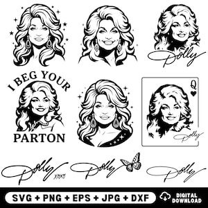 May include: A collection of black and white digital illustrations featuring portraits of Dolly Parton, the text I BEG YOUR PARTON, a queen of hearts playing card design, and various signatures reading Dolly, with a butterfly icon and file format text.