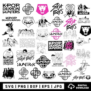 Può includere: Una collezione di design grafici in nero e rosa con testi come KPOP DEMON HUNTERS, SAJA BOYS e HUNTRX, insieme a illustrazioni di gatti stilizzati, gruppi di personaggi e loghi geometrici in un formato di file digitale.