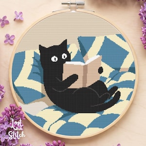 May include: A circular wooden embroidery hoop containing a cross-stitch pattern of a black cat with wide white eyes reading an open book. The cat is lying on a blue and cream geometric patterned surface. The text Lost and Stitch is visible.