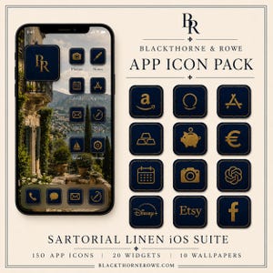 Könnte beinhalten: Ein digitales App-Icon-Paket mit dem Titel Blackthorne & Rowe Sartorial Linen iOS Suite, bestehend aus dunkelblauen quadratischen Icons mit goldenen Logos in Prägeoptik, dargestellt auf einem Smartphone-Bildschirm und in einem Raster.