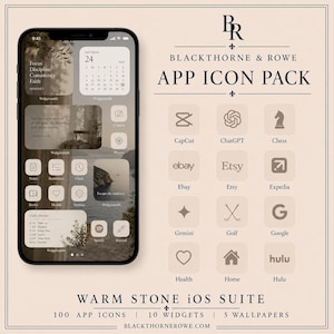 May include: A smartphone screen displaying a warm stone-toned interface with custom app icons and widgets, alongside a grid of individual app icons labeled Blackthorne & Rowe App Icon Pack, featuring 100 icons, 10 widgets, and 5 wallpapers.