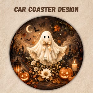 May include: A round car coaster design featuring a central white ghost with a gold bow, surrounded by a Halloween scene with jack-o'-lanterns, a lit lantern, a candle, autumn leaves, a crescent moon, bats, and a spider web against a dark background.