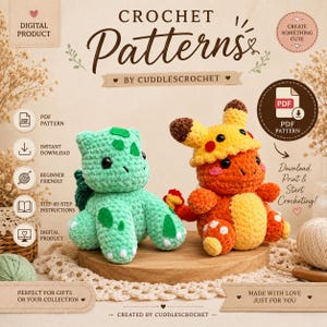 May include: A digital product advertisement for crochet patterns by Cuddlescrochet featuring two plush toys: a light green creature with dark green spots and a bright orange creature wearing a yellow hat with brown ear tips on a wooden base.