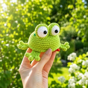 Peut inclure: Un jouet grenouille au crochet vert lime vif doté de deux grands yeux blancs avec des pupilles noires et une petite langue rouge dépassant du bas. La grenouille présente une surface en laine texturée avec des pattes palmées sur les côtés.