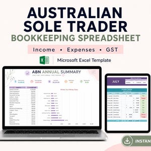 Può includere: Un foglio di calcolo contabile digitale per liberi professionisti australiani, visualizzato su uno schermo di laptop e tablet. L'interfaccia mostra un riepilogo annuale ABN, entrate, uscite e il monitoraggio dell'imposta GST.