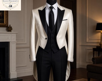 Smoking branco masculino com cauda, terno de casamento, paletó formal para noivo, traje de formatura com inspiração histórica