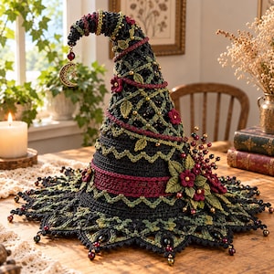 Puede incluir: Un sombrero puntiagudo de ganchillo negro con un ala ancha y festoneada, adornado con detalles florales en rojo oscuro y verde oliva, pequeñas cuentas doradas y un dije de media luna dorada que cuelga de la punta curva del sombrero.