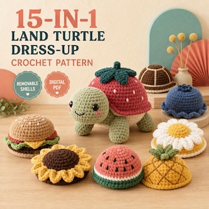 15-in-1 Turtle Crochet Pattern PDF | Amigurumi Turtle with Removable Shells | Interchangeable Fruit Flower Food Shells | Digital Download