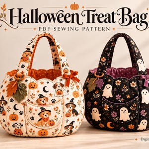 Può includere: Due sacchetti per dolcetti di Halloween in tessuto con manici e tasche frontali. La borsa a sinistra è color crema con un motivo di cuccioli con cappelli da strega, zucche e lune. La borsa a destra è nera con un motivo di fantasmi bianchi e fiori.