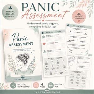 Puede incluir: Una hoja de trabajo de salud mental titulada Panic Assessment con una portada que muestra un dibujo lineal de una persona, detalles florales y texto sobre factores desencadenantes y síntomas. Incluye varias páginas con secciones.