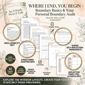 Può includere: Un diario di 41 pagine intitolato Where I End, You Begin - Boundary Basics & Your Personal Boundary Audit di Amy De Jesus, LCSW. L'interno presenta testo ad alta leggibilità, informazioni strutturate sui capitoli, schede di riflessione e modelli.