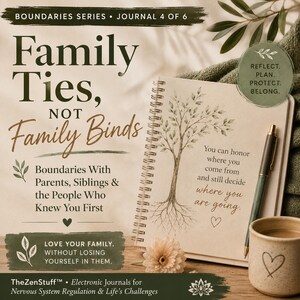 May include: A spiral-bound journal titled Family Ties, Not Family Binds, featuring a tree illustration and the text: You can honor where you come from and still decide where you are going. Includes a pen, a small flower, and a ceramic mug with a heart.