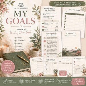 Puede incluir: Un libro de ejercicios titulado My Goals: A Guide to Breaking Down Goals, con ilustraciones florales, diez hojas de trabajo, un cuaderno verde, un bolígrafo dorado y una vela. Las páginas incluyen secciones para el desglose de metas y seguimiento.