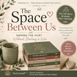 May include: A stack of five journals titled The Space Between Us, with a ceramic mug featuring printed text, a gold pen, and a heart-shaped stone. The journals are labeled 1 through 5 with titles including I'm Sorry, I See You and Us 2.0, set against a background with text.