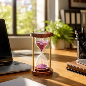 Könnte beinhalten: Eine Sanduhr mit einem Rahmen aus dunklem Holz und goldfarbenen Metallstützen. Der Glaskörper enthält feinen violetten Sand, der gerade aus der oberen Kammer in die untere Kammer fließt und auf einem flachen, runden Holzsockel steht.
