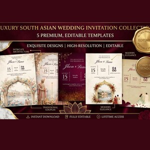 May include: A collection of five editable wedding invitation templates featuring South Asian themes. The designs include ornate architectural arches, floral motifs, and illustrations of couples in traditional attire, presented in a deep red and gold color palette.