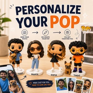 Pode incluir: Quatro figuras de vinil personalizadas em bases circulares brancas rotuladas Tiago, Marta, Sofia e Tiago. As figuras apresentam cabelos, roupas e acessórios variados, incluindo um cão e halteres. Texto: PERSONALIZE YOUR POP, SEND YOUR PHOTO, WE CREATE YOUR POP, YOU GET YOUR MINI YOU, MADE JUST FOR YOU, MADE TO LOOK LIKE YOU.