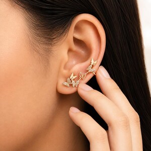 Gold Butterfly Ear Climber Cuff, Crystal Ear Crawler Earring, Left Ear Statement Earring, Single Butterfly Stud Cuff, Gift for Her