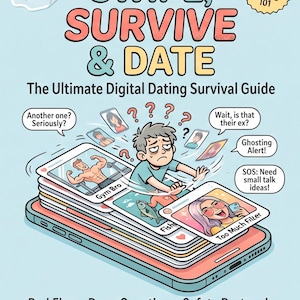 May include: A book cover titled SWIPE, SURVIVE & DATE: The Ultimate Digital Dating Survival Guide. It features a cartoon person overwhelmed by multiple smartphone screens displaying dating profiles, with text bubbles like Ghosting Alert and Gym Bro.
