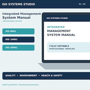 May include: A digital graphic for an Integrated Management System Manual Professional Edition by ISO Systems Studio. It features a laptop icon displaying the title, with buttons for ISO 9001, 14001, and 45001, plus text for Quality, Environment, and Health & Safety.