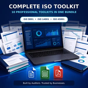 Può includere: Un pacchetto digitale intitolato COMPLETE ISO TOOLKIT 10 PROFESSIONAL TOOLKITS IN ONE BUNDLE con un portatile che mostra grafici, circondato da pile di documenti e tre icone di file in blu, verde e rosso con del testo in basso.