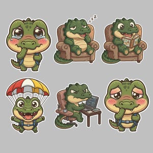 May include: A set of six stickers featuring a green crocodile in various activities: crying, sleeping in a chair, reading a book, parachuting with a red, white, and yellow canopy, working at a desk with a laptop, and a shy expression with pink cheeks.