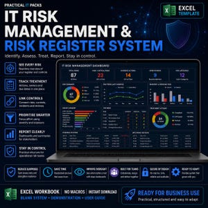 May include: An IT risk management and risk register system Excel template displayed on a laptop screen. The dashboard features data visualizations, including a risk summary donut chart, a risk trend line graph, and bar charts for risk categories.