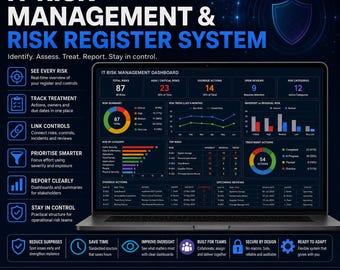 Risk Register Excel Template, Risk Management Dashboard, Heat Map, Controls, KRI, Vendor Tracker